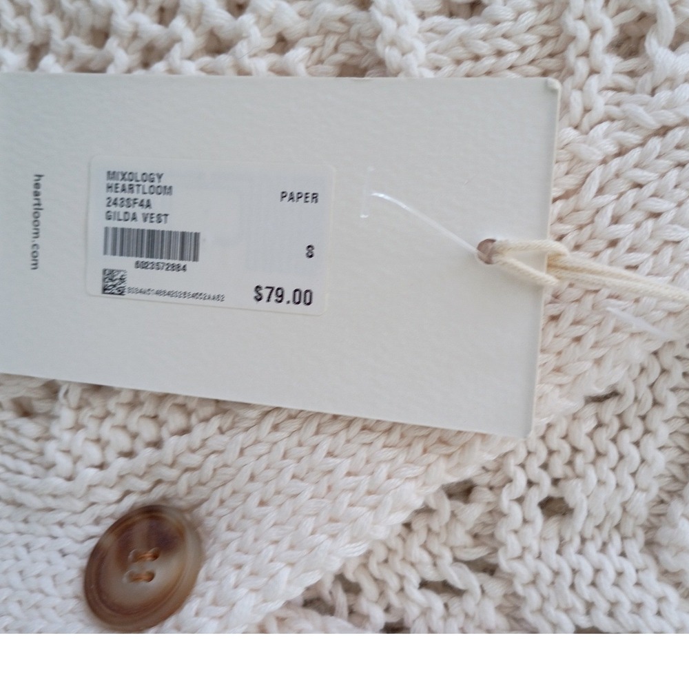 NWT Heartloom Gilda Vest Paper White Pointelle Crochet Knit Button Front S $79 - Picture 9 of 9